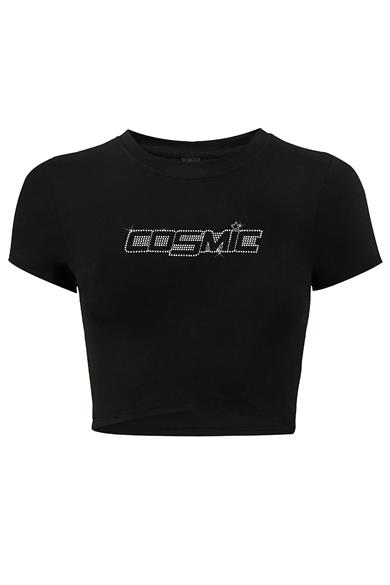 BRZ Collection Kadın Kristal Taş Baskılı Cosmic Crop T-shirt Siyah