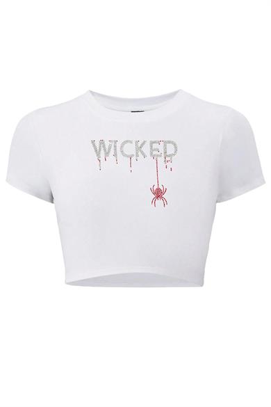 BRZ Collection Kadın Kristal Taş Baskılı Red Wicked Crop T-shirt Beyaz
