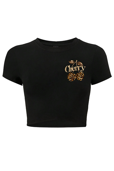 BRZ Collection Kadın Küçük Cherry Leopar Crop T-shirt Siyah