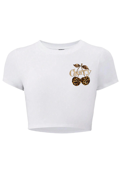 BRZ Collection Kadın Küçük Cherry Leopar Crop T-shirt (BEYAZ)