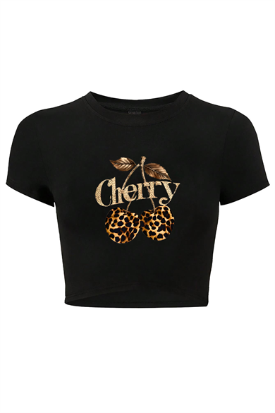 BRZ Collection Kadın Leopar Cherry Crop T-shirt Siyah
