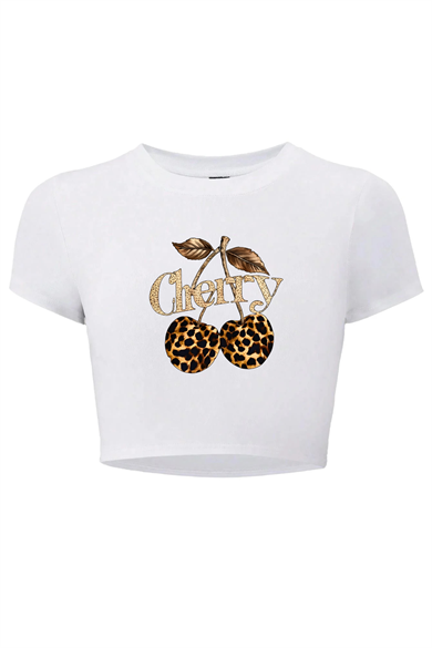 BRZ Collection Kadın Leopar Cherry Crop T-shirt (BEYAZ)