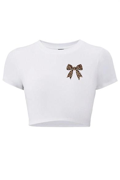 BRZ Collection Kadın Leopar Kurdele Crop T-shirt Beyaz