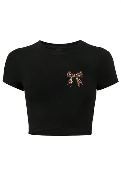 BRZ Collection Kadın Leopar Kurdele Crop T-shirt Siyah