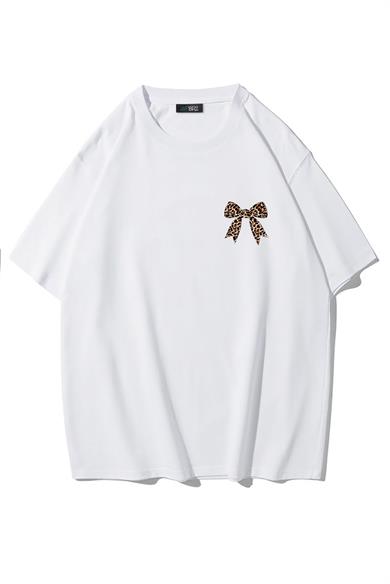 BRZ Collection Kadın Leopar Kurdele Desenli T-shirt Beyaz