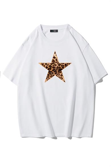 BRZ Collection Kadın Leopar Yıldız Desenli T-shirt Beyaz