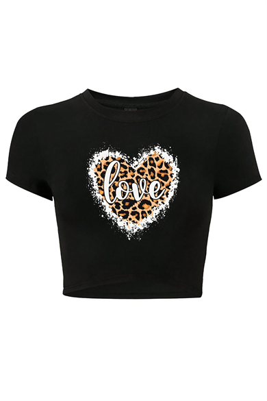BRZ Collection Kadın Love Leopar Crop T-shirt Siyah