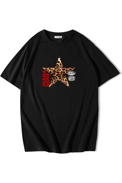 BRZ Collection Kadın Oversize Ciao Leopar Yıldız Desenli T-shirt