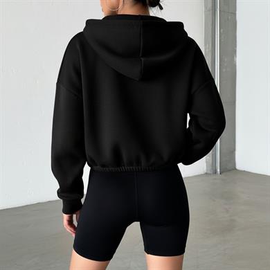 BRZ Collection Kadın Oversize Fermuarlı Basic Crop Hoodie Siyah