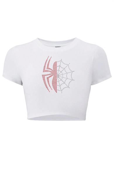 BRZ Collection Kadın Renkli Spider Kristal Taş Baskılı Crop T-shirt Beyaz