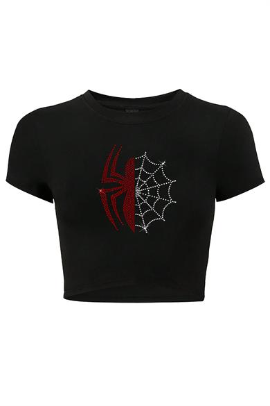 BRZ Collection Kadın Renkli Spider Kristal Taş Baskılı Crop T-shirt Siyah