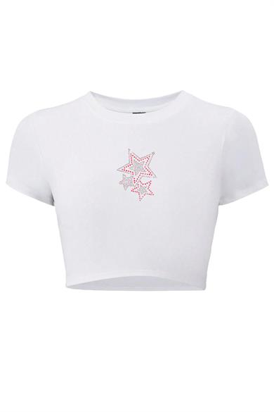BRZ Collection Kadın Renkli Yıldız Kristal Taş Baskılı Crop T-shirt Beyaz