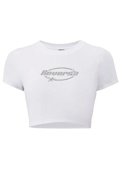 BRZ Collection Kadın Reverse Kristal Taş Baskılı Crop T-shirt Beyaz