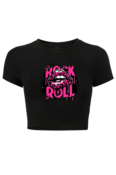 BRZ Collection Kadın Rockn Roll Lips Crop T-shirt Siyah