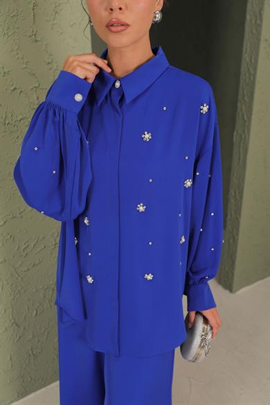 BRZ Collection Kadın Saks İncili Gömlekli Takım