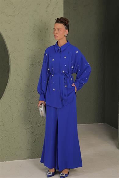 BRZ Collection Kadın Saks İncili Gömlekli Takım