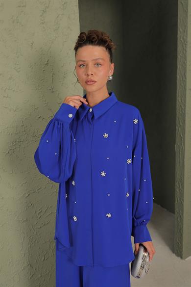 BRZ Collection Kadın Saks İncili Gömlekli Takım