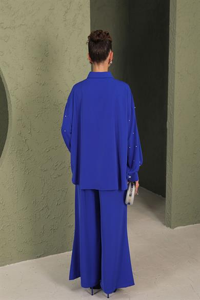 BRZ Collection Kadın Saks İncili Gömlekli Takım