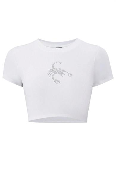 BRZ Collection Kadın Scorpion Kristal Taş Baskılı Crop T-shirt Beyaz