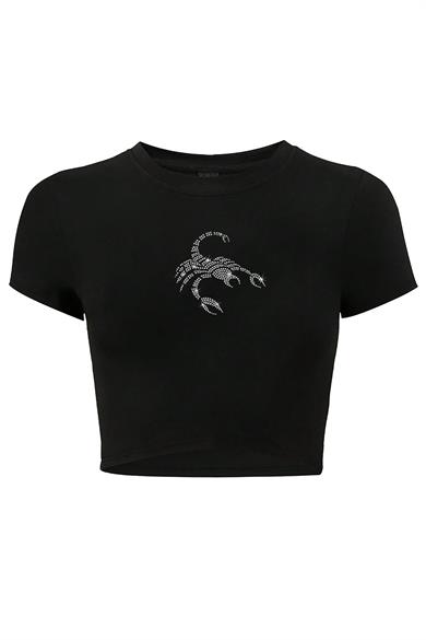 BRZ Collection Kadın Scorpion Kristal Taş Baskılı Crop T-shirt Siyah