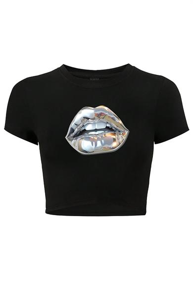 BRZ Collection Kadın Silver Lip Gümüş Dudak Crop T-shirt Siyah