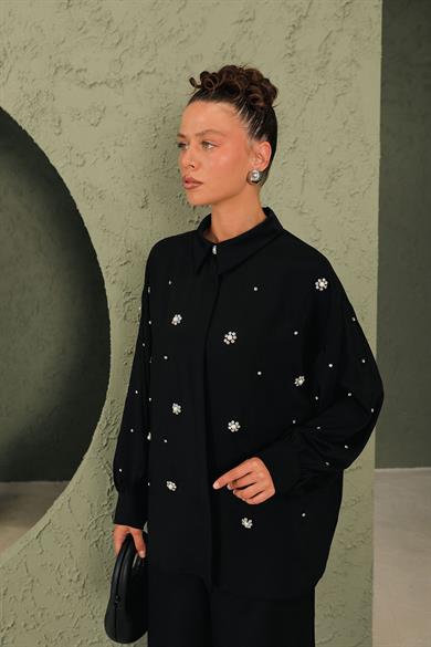 BRZ Collection Kadın Siyah İncili Gömlekli Takım