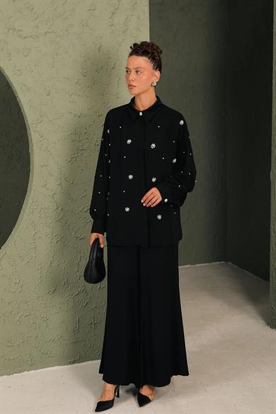 BRZ Collection Kadın Siyah İncili Gömlekli Takım