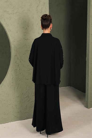 BRZ Collection Kadın Siyah İncili Gömlekli Takım