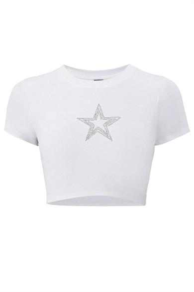 BRZ Collection Kadın Star Kristal Taş Baskılı Crop T-shirt Beyaz