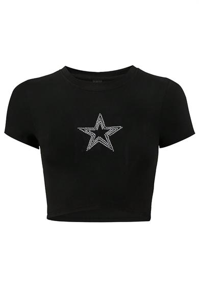 BRZ Collection Kadın Star Kristal Taş Baskılı Crop T-shirt Siyah