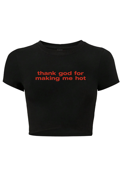 BRZ Collection Kadın Thank God For Making Me Hot Crop Siyah
