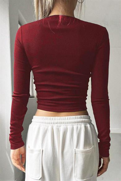 BRZ Collection Kadın Uzun Kollu Fitilli Basic Crop Bluz Bordo