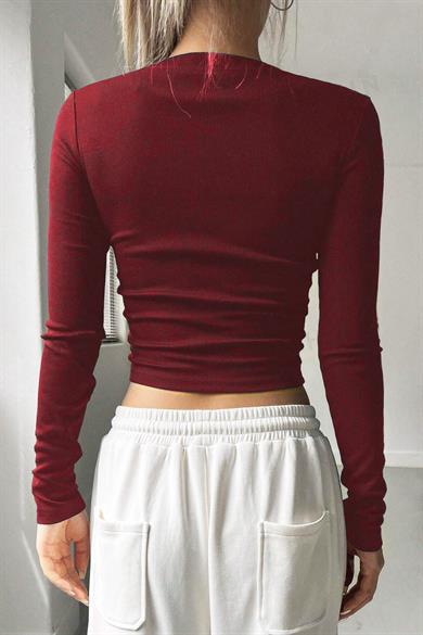 BRZ Collection Kadın Uzun Kollu Fitilli Spider Crop Bluz Bordo