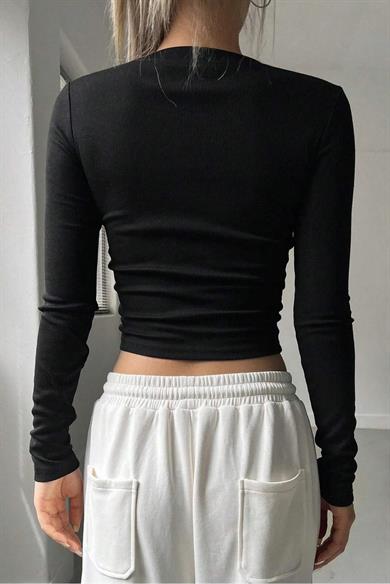 BRZ Collection Kadın Uzun Kollu Fitilli Basic Crop Bluz Siyah