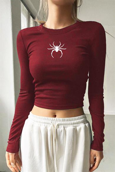 BRZ Collection Kadın Uzun Kollu Fitilli Spider Crop Bluz Bordo
