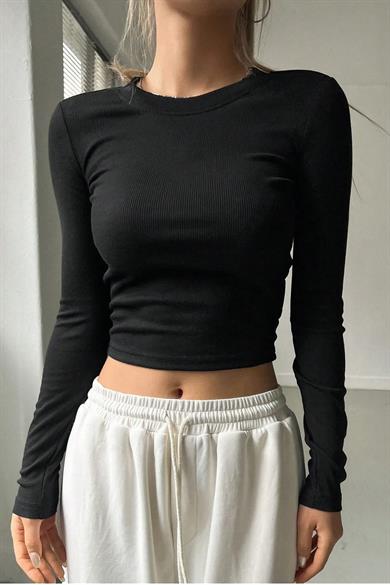BRZ Collection Kadın Uzun Kollu Fitilli Basic Crop Bluz Siyah