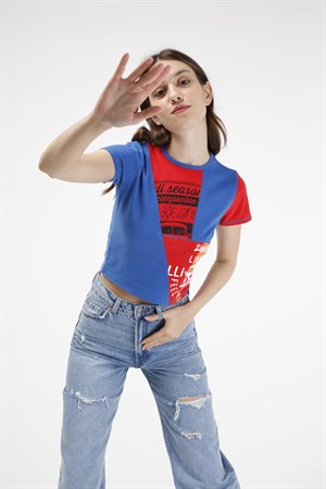 BRZ Collection Kontrast Renkli Baskılı Kısa Kollu Crop Kadın T-shirt
