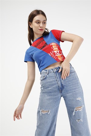 BRZ Collection Kontrast Renkli Baskılı Kısa Kollu Crop Kadın T-shirt