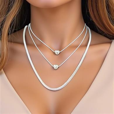 BRZ Collection Layered Heart Kolye – Gümüş Üç Katlı Minimal Choker Set | Romantik ve Zarif Takı