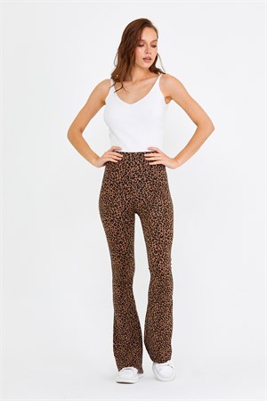 BRZ Collection Leopar Desenli İspanyol Paça Kadın Pantolon