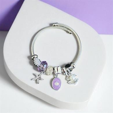 BRZ Collection Okyanus Deniz Yıldızı Charm Bileklik – Gümüş Ayarlanabilir Bilezik, Mor Boncuk, İncili Kabuk & Yaz Temalı Figürler 