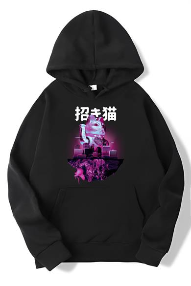 BRZ Collection Oversize Neon Maneki Neko Şans Kedisi Hoodie