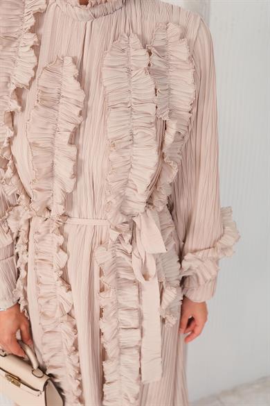 BRZ Collection Pilise Detaylı Elbise Taş Rengi