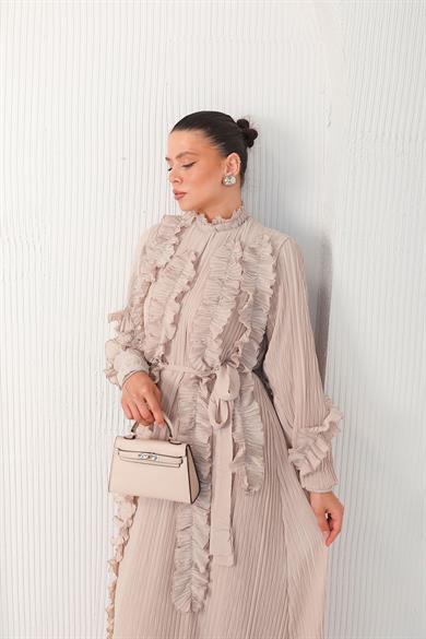 BRZ Collection Pilise Detaylı Elbise Taş Rengi