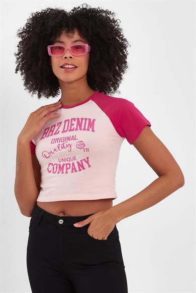 BRZ Collection Reglan Kollu Kontrast Renkli Baskılı Kısa Kol Crop Kadın T-shirt