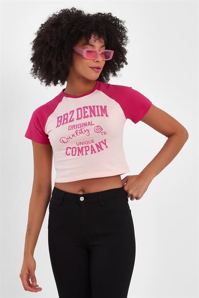 BRZ Collection Reglan Kollu Kontrast Renkli Baskılı Kısa Kol Crop Kadın T-shirt