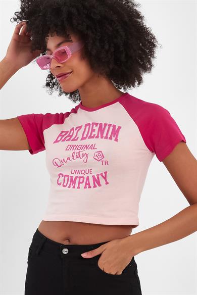 BRZ Collection Reglan Kollu Kontrast Renkli Baskılı Kısa Kol Crop Kadın T-shirt