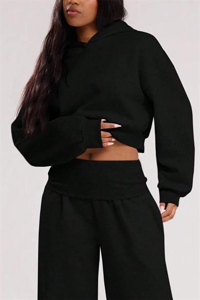 BRZ Collection Relaxed Fit Basic Crop Hoodie Siyah