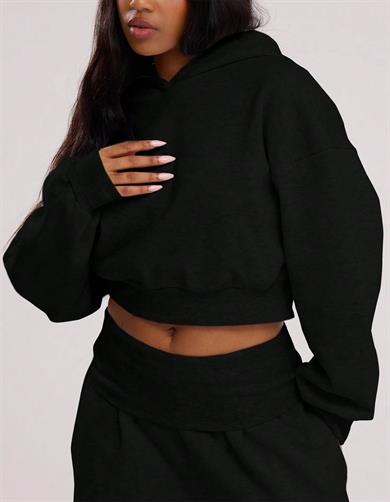 BRZ Collection Relaxed Fit Basic Crop Hoodie Siyah