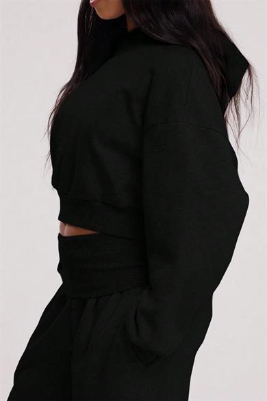 BRZ Collection Relaxed Fit Basic Crop Hoodie Siyah
